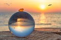 Baltic Sea beach in the glass sphere in the backlight with illuminated amber in the sunset