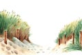 Baltic sea beach with sand dunes, grass and wooden stakes. Hand drawn watercolor illustration.