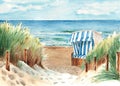 Baltic sea beach with sand dunes and hooded beach chair, Strandkorb. Ostsee Panorama. Sunny Weather, blue sky with Royalty Free Stock Photo