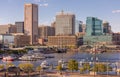 Baltimore Cityscape with Inner Harbor and Business District in Background. Beautiful Sunset Light