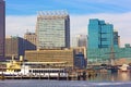 Baltimore downtown and docked ships at the Inner Harbor pier Royalty Free Stock Photo
