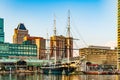 Baltimore, Maryland, US - September 4, 2019 View of Baltimore Harbor with USS Constellation Ship and office buildings