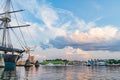 Baltimore, Maryland, US - September 4, 2019 View of Baltimore Harbor with USS Constellation Ship and office buildings Royalty Free Stock Photo