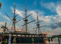 Baltimore, Maryland, US - September 4, 2019 View of Baltimore Harbor with USS Constellation Ship and office buildings Royalty Free Stock Photo