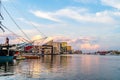 Baltimore, Maryland, US - September 4, 2019 View of Baltimore Harbor with USS Constellation Ship and office buildings Royalty Free Stock Photo