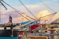 Baltimore, Maryland, US - September 4, 2019 View of Baltimore Harbor with USS Constellation Ship and office buildings Royalty Free Stock Photo