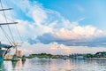 Baltimore, Maryland, US - September 4, 2019 View of Baltimore Harbor with USS Constellation Ship and office buildings Royalty Free Stock Photo