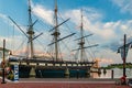 Baltimore, Maryland, US - September 4, 2019 View of Baltimore Harbor with USS Constellation Ship and office buildings Royalty Free Stock Photo