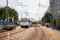 Baltimore, MD - July 19, 2014. Baltimore Light Rail vehicle pulls into a station.