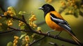 A Baltimore Oriole perched on a slender branch its bright eyes gleaming