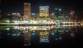 Baltimore skyline and docks reflecting in the water at night Royalty Free Stock Photo