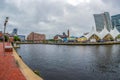 The Waterfront Promenade at the Inner Harbor with large angle view of Potapsco river