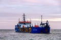 BALTIYSK, RUSSIA - JANUARY 02, 2021: Dredging ship by name White Sea project Damen TSHD2000 in the Vistula Lagoon. The ship was