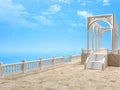 Balustrade with columns, stairway and arches near the sea 3D rendering Royalty Free Stock Photo