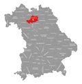 Bamberg county red highlighted in map of Bavaria Germany