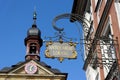 Wrought-iron sign of an antique shop in Bamberg, Germany