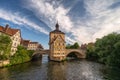 Bamberg Germany, skyline at Altes Rathaus Old Town Hall and Linker Regnitzarm River