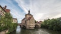 Bamberg Germany city skyline time lapse at Altes Rathaus Old Town Hall and Linker Regnitzarm River