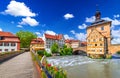 Bamberg, Germany - Half-timebered town hall and bridge decorated by flowers, Bavaria Royalty Free Stock Photo