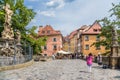 Bamberg, Germany. Sculptures on the Upper Bridge and the beautiful building on the banks of the Regnitz river