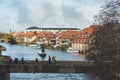 View of the Lower bridge over the river Regnitz in the old town of Bamberg in Germany