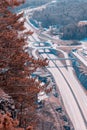 Bamble, Norway- march 4, 2022. View of European Route E18 highway and intersection with traffic. . View from above.