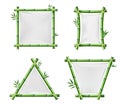 Bamboo banners. Realistic wooden frames with white textile. 3D blank Japanese posters. Geometric constructions. Green