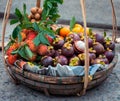 Bamboo basket with tropical fruits for sell