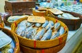 The bamboo baskets with mackerel, Tanin Market, Chiang Mai, Thailand Royalty Free Stock Photo