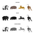 Bamboo bear, hippopotamus, wild animal tiger, monkey . Wild animal set collection icons in cartoon,black,monochrome