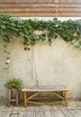 Bamboo bench with green plant on concrete wall