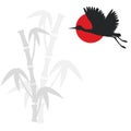 Bamboo branches and flying crane bird Royalty Free Stock Photo
