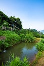 Bamboo bridge with mountain view in Pha Hi village Royalty Free Stock Photo