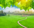 Bamboo bridge on rice field with cottage. Royalty Free Stock Photo