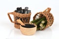 Bamboo charcoal burned and bamboo fresh in the basket and Bamboo charcoal powder.