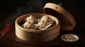 Bamboo container with chines dumplings Generative AI