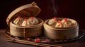 Bamboo container with chines dumplings Generative AI