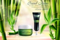 Bamboo cosmetics vector illustration, realistic tube container for face skincare cream product with tropical green