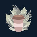 Bamboo cup for coffee or tea with green leaves. Zero waste items on dark background. Recyclable products. Flat vector illustration Royalty Free Stock Photo