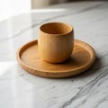 A bamboo cup sits on a matching bamboo tray, placed on a smooth white marble surface with subtle Royalty Free Stock Photo