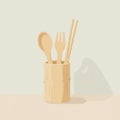 Bamboo cutlery set consisting of a spoon, fork, and chopsticks sits in a bamboo holde Royalty Free Stock Photo