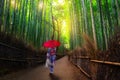 Bamboo forest at Arashiyama with woman in traditional kinono and umbrella. Japan Royalty Free Stock Photo