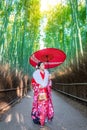 Bamboo Forest. Asian woman wearing japanese traditional kimono at Bamboo Forest in Kyoto, Japan Royalty Free Stock Photo