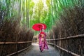 Bamboo Forest. Asian woman wearing japanese traditional kimono at Bamboo Forest in Kyoto, Japan Royalty Free Stock Photo