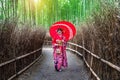 Bamboo Forest. Asian woman wearing japanese traditional kimono at Bamboo Forest in Kyoto, Japan