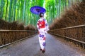 Bamboo Forest. Asian woman wearing japanese traditional kimono at Bamboo Forest in Kyoto, Japan Royalty Free Stock Photo