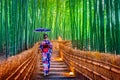 Bamboo Forest. Asian woman wearing japanese traditional kimono at Bamboo Forest in Kyoto, Japan Royalty Free Stock Photo