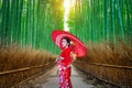 Bamboo Forest. Asian woman wearing japanese traditional kimono at Bamboo Forest in Kyoto, Japan Royalty Free Stock Photo