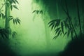 Bamboo forest. Green stems of plants in mysterious fog. Blurred sunlight landscape. Nature background. Generative AI