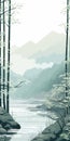 Bamboo Forest In Rocky Mountains: Subtle Gradients, Asian-inspired Illustration